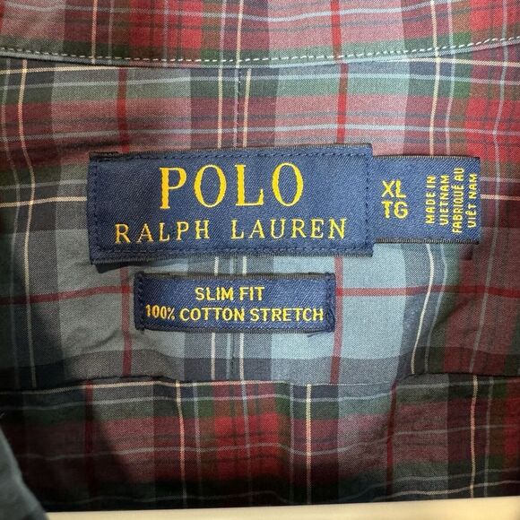 Ralph Lauren Polo Shirt Adult XL Slim Fit Blue Red Pony Button Up Plaid Mens - Picture 10 of 10
